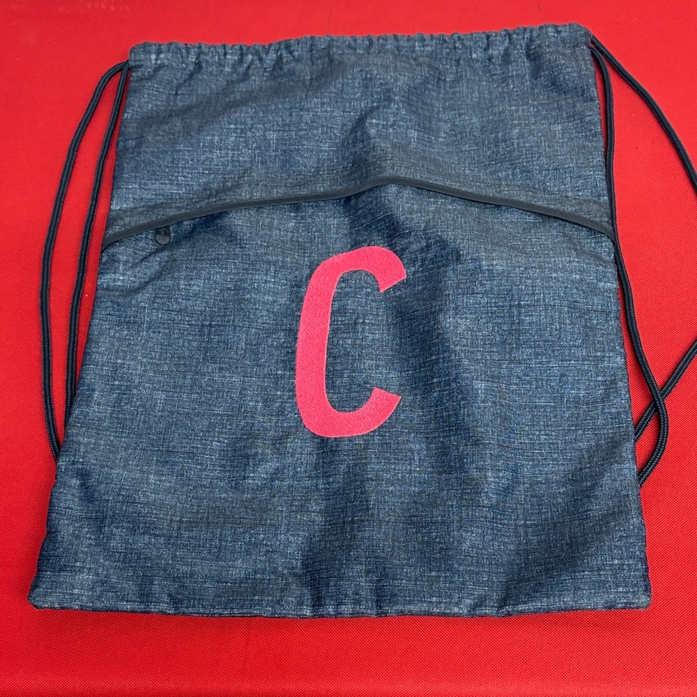 Thirty-One Blue Drawstring Backpack with Pink Letter C & front zipper pouch